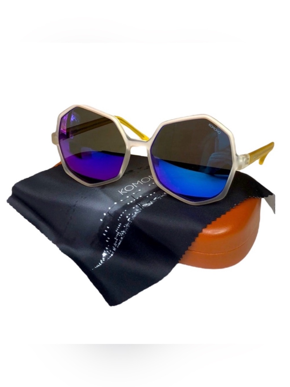 KOMONO Women’s Octagon Mirrored Sunglasses - Blue Lens Yellow Clear Frame - Picture 3 of 9